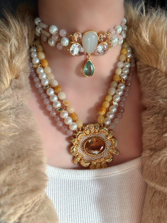 AB Pastel Mint Choker & Nude Long Necklace